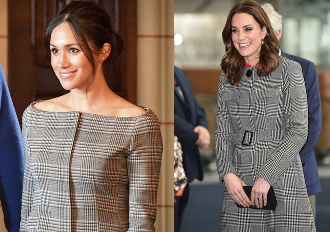 Meghan dan Kate juga memiliki motif senada lain, yaitu kotak-kotak dalam warna abu-abu. Kate tampil coat L.K. Bennett, dan Meghan memakai jaket dari Theory.Foto: Istimewa