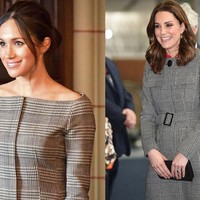 Meghan dan Kate juga memiliki motif senada lain, yaitu kotak-kotak dalam warna abu-abu. Kate tampil coat L.K. Bennett, dan Meghan memakai jaket dari Theory.Foto: Istimewa