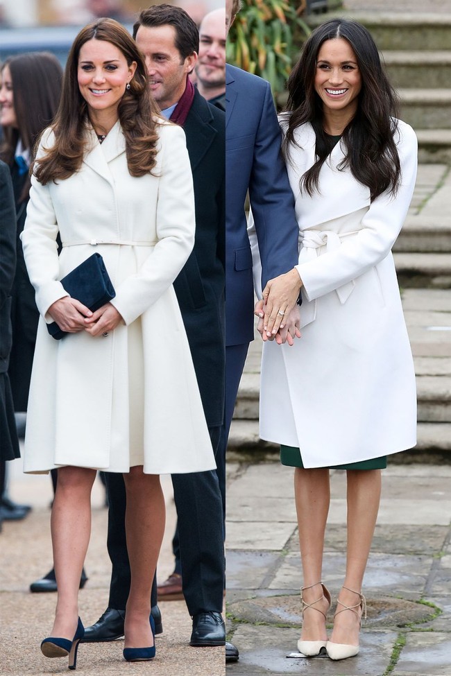 Kate mengenakan coat putih saat kunjungan ke Portsmouth, Inggris di bulan Februari 2015. Coat itu serupa dengan yang dipakai Meghan ketika mengumumkan pertunangannya dengan Pangeran Harry di 2017. Foto: Istimewa