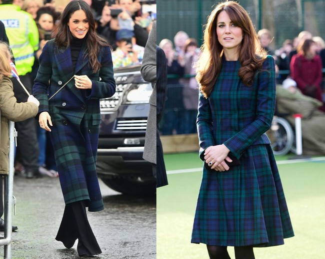 Meghan dan Kate tampil dengan busana motif tartan bernuansa biru dan hijau. Meghan mengenakan coat double-breasted dari Burberry, sementara Kate tampil dengan coat Alexander McQueen. Foto: Istimewa