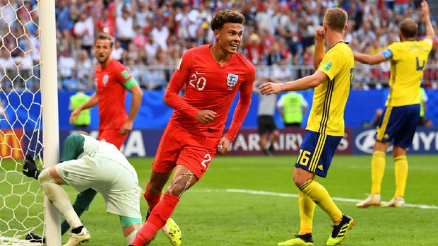 Dele Alli usai mencetak gol ke gawang Swedia.