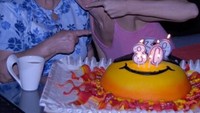 Wah, ngerayain ulang tahun bareng! Hanya bermodalkan kue berbentuk emotikon senyum dengan kacamata, keduanya sengaja menempelkan lilin angka 40 dan 80 sekaligus. Mereka juga terlihat saling menunjuk satu sama lain. Lucu banget, sih! Foto: Instagram @celinedion