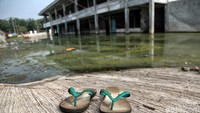 Menurut keterangan warga, bangunan tersebut merupakan bekas hotel. Bangunan hotel tersebut mulai terendam air rob pada tahun 2004.