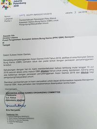 Surat edaran pembatasan akses ke GBK terkait perbaikan venue-venue untuk Asian Games 2018