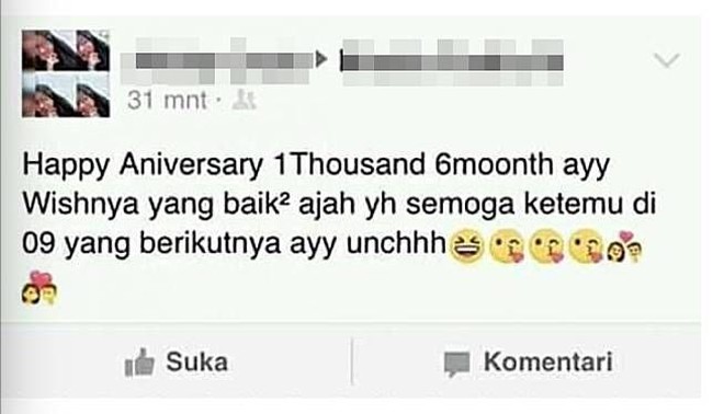 Mengungkapkan kebahagiaan saat hari jadi dengan pasangan di status Facebook menjadi hal yang biasa. Tapi ini maksudnya gimana ya?Foto: Istimewa