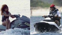 Seperti seorang netizen yang membandingkan foto Rihanna yang tampak santai dan Jay Z yang panik di atas jet ski. Dok. Twitter