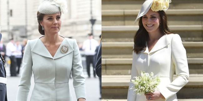 Gaun Kate kali ini terlihat familiar. Benar saja, Kate juga memiliki model coat dress yang sama dalam warna putih. Kate memakainya untuk menghadiri royal wedding Pangeran Harry dan Meghan Markle bulan April lalu. Foto: Dok. Getty Images