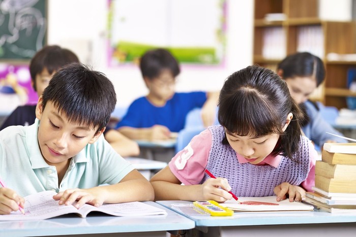 asian primary school students studying in classroom.