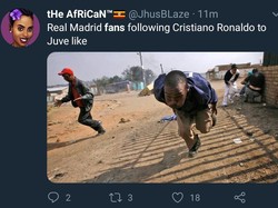 Fans Madrid sendiri mungkin beberapa juga langsung pindah dukungan ke Juve usai Ronaldo dibajak. (Foto: Twitter @JhusBLaze)