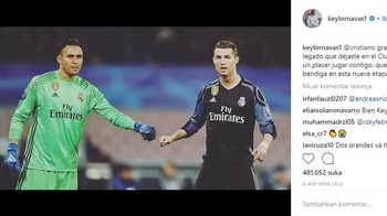 Keylor Navas mengucapkan terima kasih atas segala yang diberikan Ronaldo kepada Real Madrid. Foto: Istimewa
