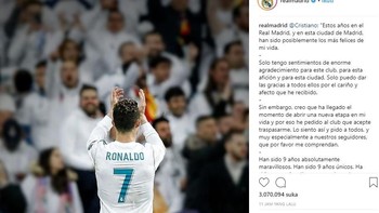 Akun Instagram resmi Real Madrid ucapkan salam perpisahan kepada Cristiano Ronaldo. Foto: Istimewa