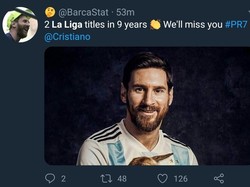 Namun ada yang senang dengan perginya Ronaldo dari La Liga. Siapa lagi kalau bukan fans Lionel Messi dengan Barcelona-nya. Tuh, katanya Ronaldo pergi dari La Liga karena cuma mendapat dua gelar La Liga dalam sembilan musim. (Foto: Twitter @BarcaStat)