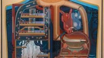 Karya seni ini berjudul Palais Industriel yang diciptakan oleh Oliver Bonhomme dengan mengambil inspirasi gaya seni Dr. Fritz Kahn. Karya ini sendiri berasal dari game Homo Machina. Foto: Josh Miller/CNET