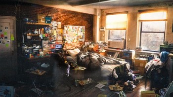 Karya seni ciptaan Dennis Chan ini berasal dari game Marvels Spider Man dan berjudul Peter Parkers Apartment Concept. Foto: Josh Miller/CNET