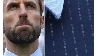 Ternyata di jas Gareth Southgate sudah ada tulisan its coming home. Foto: Internet