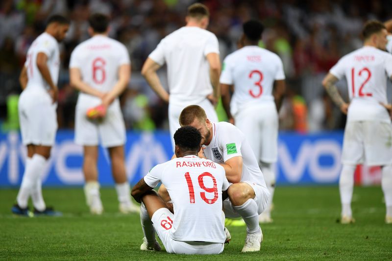 MOSCOW, RUSSIA - JULY 11:  Eric Dier of England consoles Marcus Rashford of England following their sides defeat in the 2018 FIFA World Cup Russia Semi Final match between England and Croatia at Luzhniki Stadium on July 11, 2018 in Moscow, Russia.  (Photo by Shaun Botterill/Getty Images)