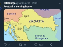 Football Its Coming Home bisa saja terpenuhi di Kroasia. The Blazers sendiri bakal menghadapi Prancis di final Piala Dunia 2018, Minggu (15/7). (Foto: Twitter @totalBarca)