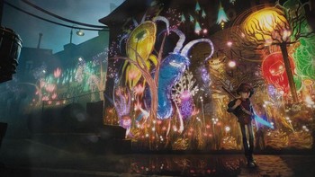 Karya yang dapat ditemukan di game Concrete Genie ini diciptakan oleh Pixelopus dan berjudul Concrete Genie, Ash and Friends. Foto: Josh Miller/CNET