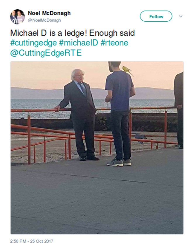 Presiden Irlandia Michael D. Higgins tampak dengan santai berbincang bersama seorang warga di taman. Foto: Twitter