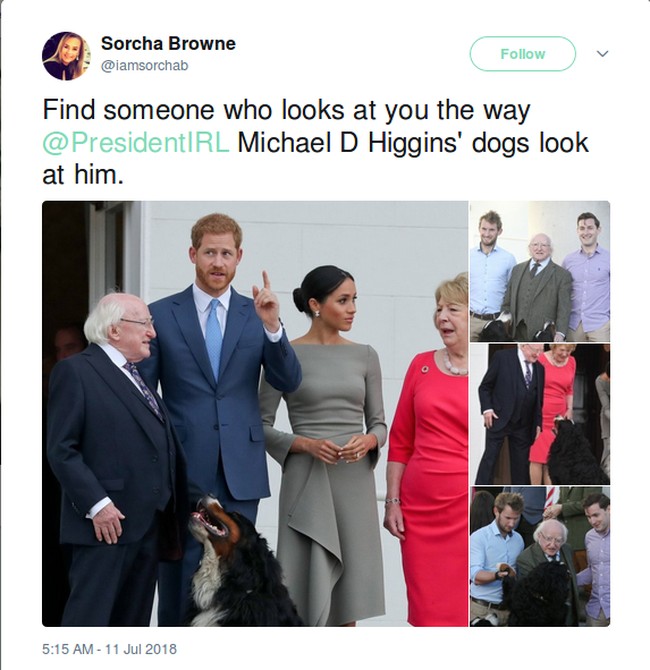 Kedatangan Pangeran Harry dan Meghan Markle ke Irlandia membuat sang presiden Michael D. Higgins ikut tersorot. Pasangan pengantin baru itu pun menemui Higgins dua hari lalu. Selain kepala negara dan ibu negara, Harry dan Meghan juga disambut dua anjing kesayangan Higgins yang setia menemani sang presiden. Foto: Twitter