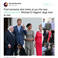 Kedatangan Pangeran Harry dan Meghan Markle ke Irlandia membuat sang presiden Michael D. Higgins ikut tersorot. Pasangan pengantin baru itu pun menemui Higgins dua hari lalu. Selain kepala negara dan ibu negara, Harry dan Meghan juga disambut dua anjing kesayangan Higgins yang setia menemani sang presiden. Foto: Twitter