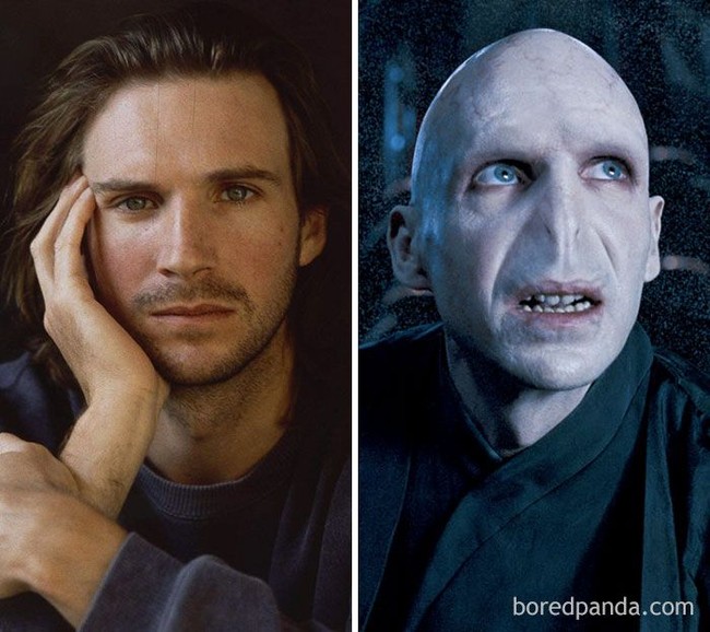 Dalam salah satu film Harry Potter, Ralph Fiennes harus rela penampilan gantengnya diubah jadi botak dan tak berhidung demi jadi Lord Voldemort. Foto: Boredpanda