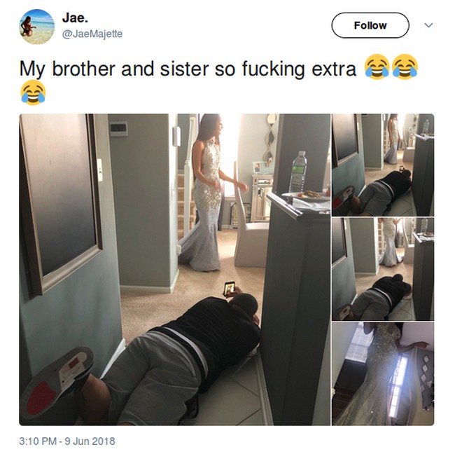 Demi mendapatkan foto yang menunjukkan kecantikan gaun saudarinya, pria ini rela terkurap di lantai. (Foto: Twitter)