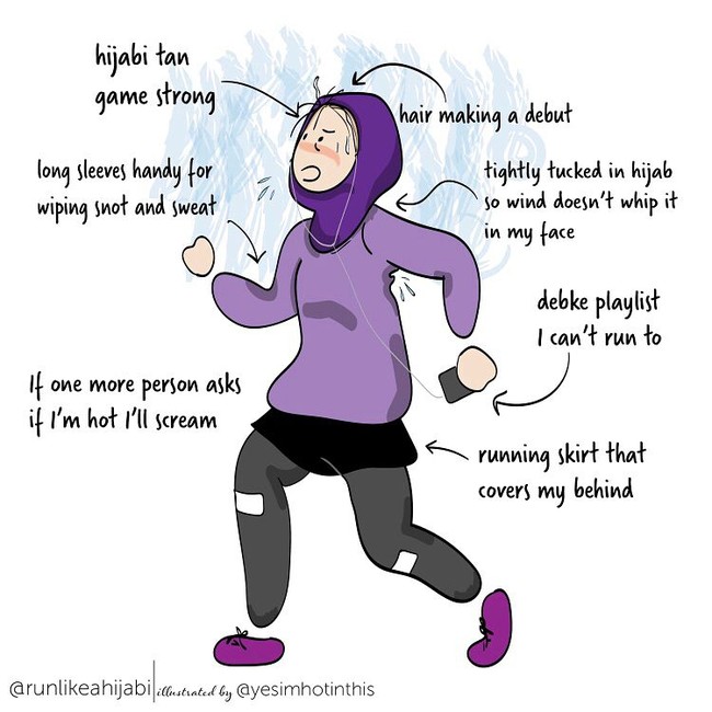 Tantangan terbesar lainnya untuk hijabers adalah saat berolah raga. Ia harus memakai baju tertutup dari ujung kepala hingga kaki. Saat berlari, tentu pakaian seperti ini membuat para hijabers lebih kepanasan. Foto: Instagram: @yesimhotinthis 