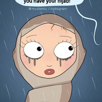 Tak kalah kocak, banyak yang berpendapat hijab bisa dipakai sebagai payung. Padahal memakai hijab dan terkena air hujan dampaknya bisa membuat kepala lebih pusing karena rambut yang tertutup kain. Foto: Instagram @mvzlamic