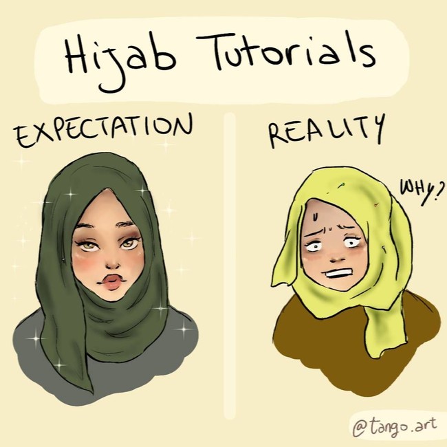 Memakai hijab setiap hari tentunya membentuk kebiasaan yang berbeda dengan wanita lain. Ada beberapa perlakuan yang hanya diterima oleh wanita berkerudung. Sejumlah ilustrator dari berbagai negara membuat ilustrasi mewakili perasaan para hijabers. Foto: Instagram @tango.art 