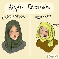 Memakai hijab setiap hari tentunya membentuk kebiasaan yang berbeda dengan wanita lain. Ada beberapa perlakuan yang hanya diterima oleh wanita berkerudung. Sejumlah ilustrator dari berbagai negara membuat ilustrasi mewakili perasaan para hijabers. Foto: Instagram @tango.art 