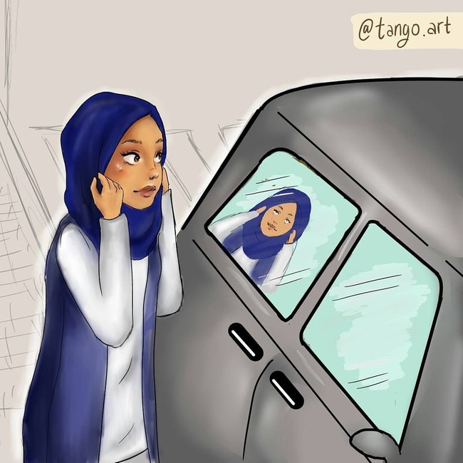 Setiap melihat kaca mobil, otomatis para hijabers ingin mengecek hijabnya masih rapi atau tidak. Padahal, mungkin saja ada orang di dalam mobil yang tidak dia sadari. Foto: Instagram @tango.art