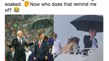 Ada netizen yang membandingkan gaya Putin dengan Donald Trump yang juga pernah egois berpayung sendirian. Foto: istimewa