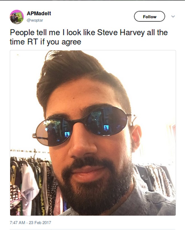 Entah bercanda atau tidak, orang ini benar-benar tak mirip Steve Harvey. Steve Harvey adalah presenter kulit hitam yang berkepala botak. Foto: Twitter