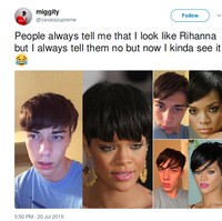 Agar orang-orang melihat persamaan antara pria ini dengan Rihanna, ia sampai mengunggah perbandingan foto. Namun kemiripan sama sekali tak terlihat, kecuali gaya rambut. Foto: Twitter