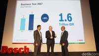 (Kiri-kanan) Director of PT Bosch Rexroth Hasbi Lubis, Managing Director Bosch in Indonesia Andrew Powell beserta Managing Director of PT Robert Bosch Automotive Toto Suharto berbincang bersama saat berlangsungnya acara konfrensi pers tahunan 2018 di Jakarta, Rabu (18/7/2018).