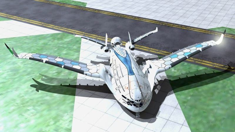 Kalau yang ini bernama AWWA Progress Eagle. Pesawat konsep yang mempunya triple-decker dengan nol emisi karbon dan akan didukung oleh enam mesin hidrogen (Oscar Vinals/CNN Travel)