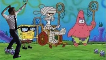Menangkap ubur-ubur bersama Spongebob Cs sudah jadi rutinitas Macron. Foto: 9GAG