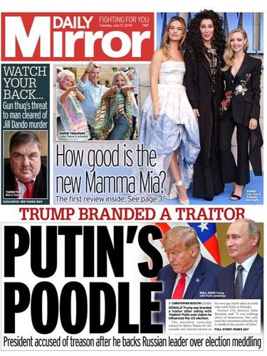 Halaman depan Daily Mirror yang menyebut Trump sebagai 'pudelnya Putin'