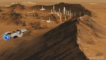 Seorang pelukis digital bernama Jon Hrubesch menggambarkan bagaiamana bentuk sebuah kota di Mars. Foto: Mirror