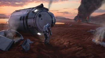 Tidak semua hal di Mars terlihat baik, seperti kecelakaan pesawat antariksa yang dialami oleh astronot ini, sebagaimana digambarkan oleh Arthur Gurin. Foto: mirror