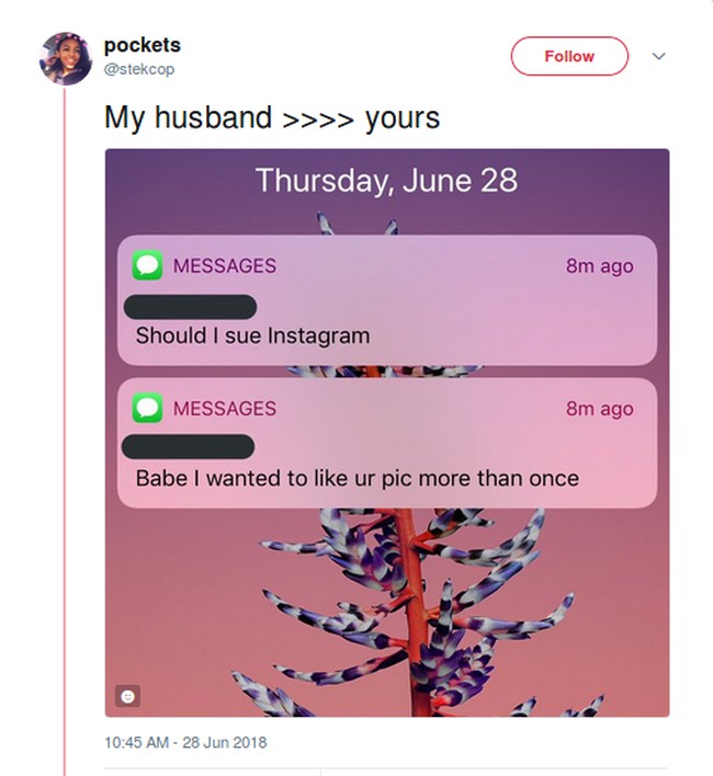 Romantis tak perlu dengan memberikan cincin atau bunga. Mengungkap rasa cinta dengan mengatakan ingin menyukai foto Instagram lebih dari sekali juga sudah so sweet. Foto: Twitter