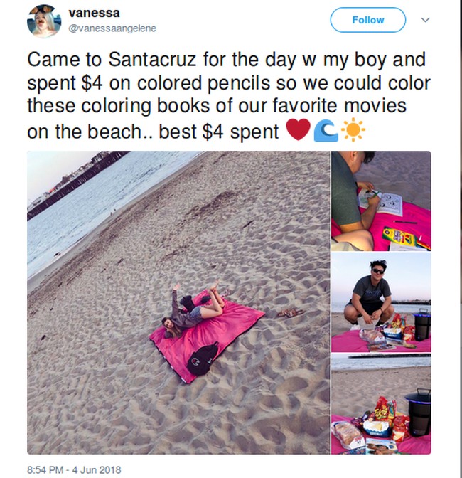 Untuk membangun suasana romantis tak harus dengan makan malam di restoran fancy. Cukup dengan piknik di pantai dan mewarnai buku gambar, wanita ini sudah senang. Foto: Twitter