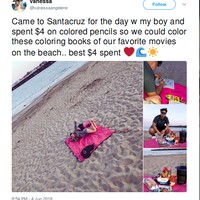 Untuk membangun suasana romantis tak harus dengan makan malam di restoran fancy. Cukup dengan piknik di pantai dan mewarnai buku gambar, wanita ini sudah senang. Foto: Twitter