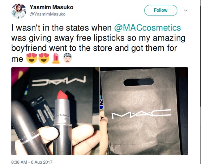 Definisi romantis bagi banyak wanita. Pacar wanita ini rela pergi ke toko MAC untuk mengambil lipstik gratis. Foto: Twitter
