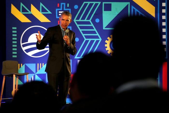 Former US President Barack Obama speaks during his town hall meeting for the Obama Foundation at the African Leadership Academy in Johannesburg, South Africa, July 18, 2018. Themba Hadebe/Pool via REUTERS