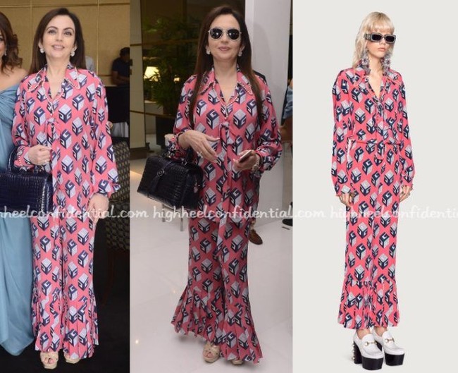Nita Ambani yang aktif melakukan kegiatan kemanusiaan bersama Reliance Foundation terlihat memakai busana Gucci berwarna pink. Busana playful ini dipakainya saat menghadiri ulang tahun konsultan khusus barang branded Chhaya Momaya. Foto: Highheelconfidential