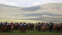 Festival Naadam adalah tradisi masyarakat Mongolia yang telah dilakukan turun-temurun. Di festival ini, para orang tua mengikut sertakan anaknya dalam lomba pacuan kuda. (REUTERS/B. Rentsendorj)