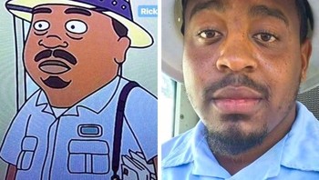 Seorang pria berkulit hitam mirip dengan karakter tukang pos dari film Rick and Morty.Foto: Istimewa