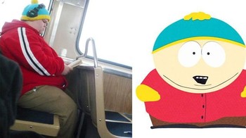 Dari baju hingga kupluk pria ini mirip dengan karakter Cartman dari film South Park. Foto: Istimewa